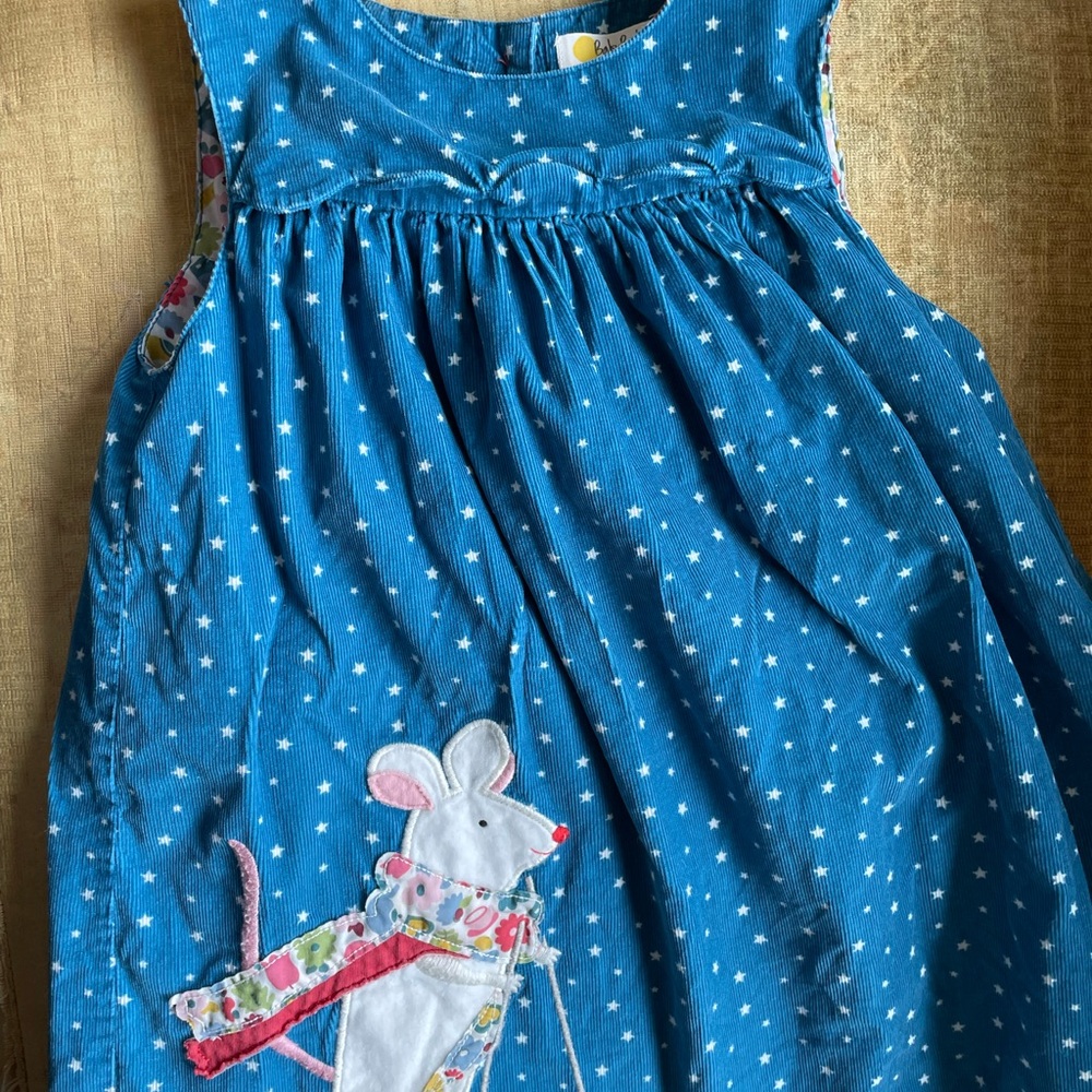 Baby Boden Corduroy Blue Starry Dress with Mouse Appliqué